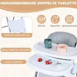Hochstuhl Baby klappbar tragbarer Kinderhochstuhl höhenverstellbar mit verstellbarem Sitz Fußstütze Hellgrau