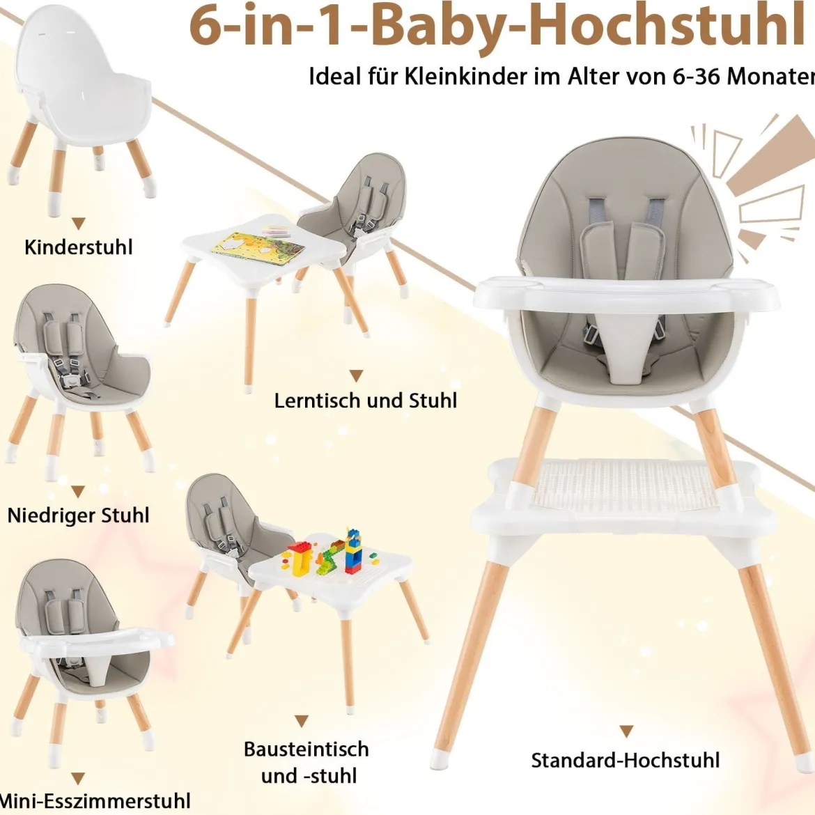 Hochstuhl für Babys & Kleinkinder 6-in-1 Convertible Tisch Stuhl Set mit Bausteintisch Grau