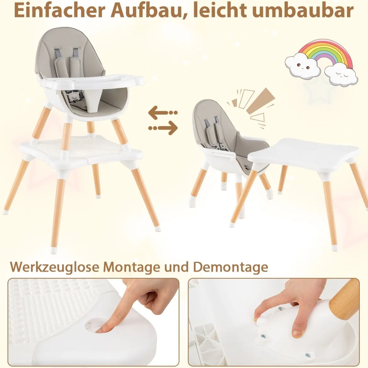 Hochstuhl für Babys & Kleinkinder 6-in-1 Convertible Tisch Stuhl Set mit Bausteintisch Grau