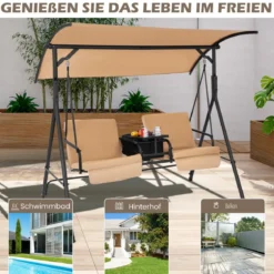 Hollywoodschaukel mit Kühltasche drehbarem Tablett und abnehmbaren Kissen Braun 180 x 124 x 161,5 cm