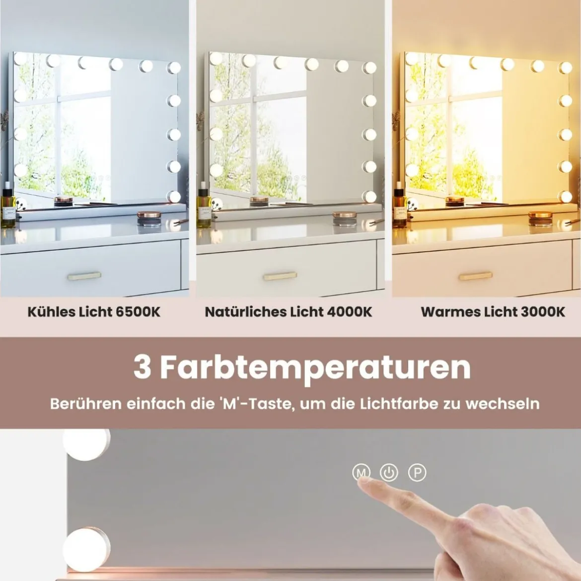 Hollywood Spiegel mit Beleuchtung Tischspiegel mit 14 dimmbaren LED-Leuchten und 3 Lichtfarben 50 x 12 x 43 cm