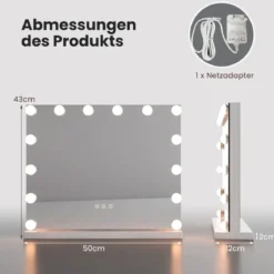 Hollywood Spiegel mit Beleuchtung Tischspiegel mit 14 dimmbaren LED-Leuchten und 3 Lichtfarben 50 x 12 x 43 cm