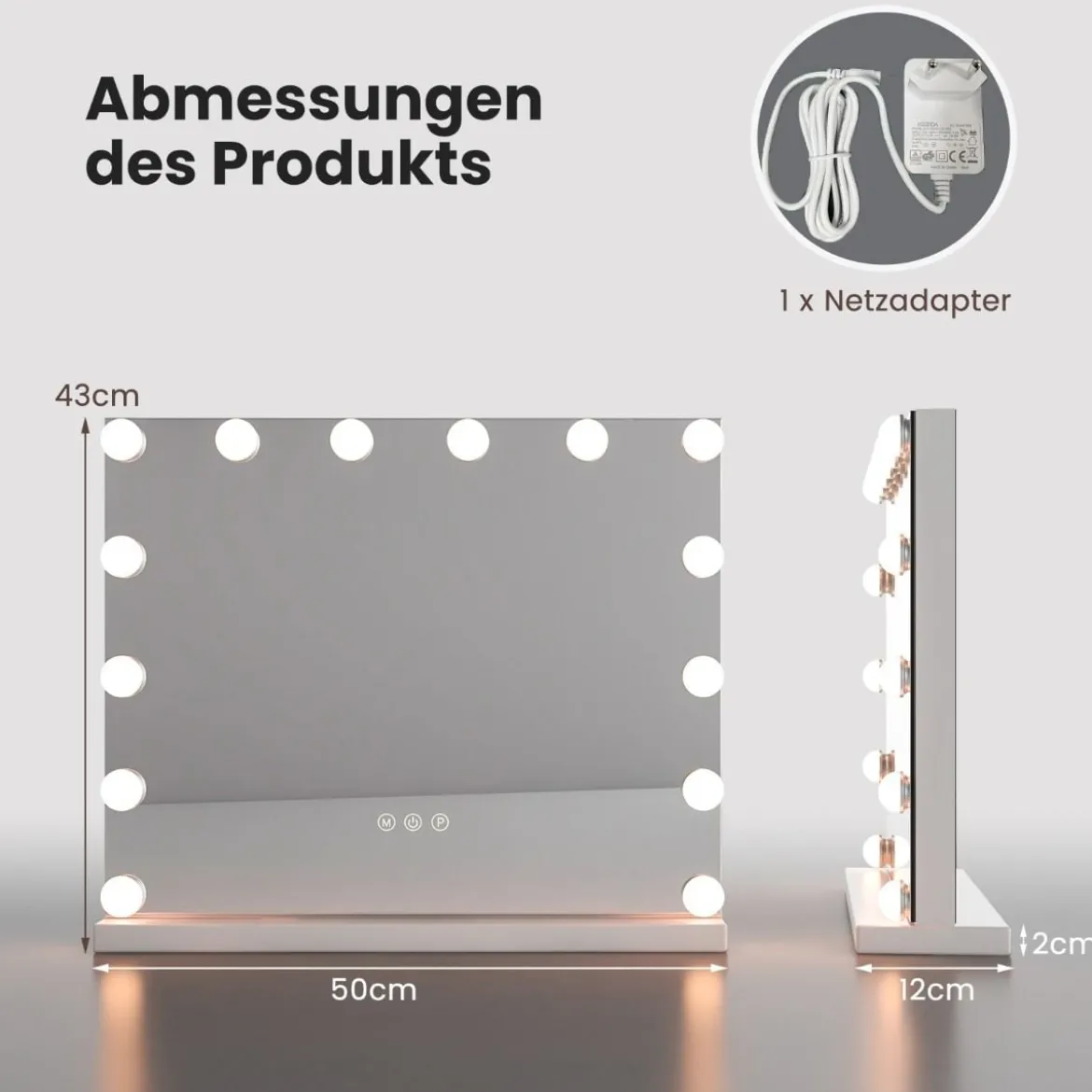 Hollywood Spiegel mit Beleuchtung Tischspiegel mit 14 dimmbaren LED-Leuchten und 3 Lichtfarben 50 x 12 x 43 cm