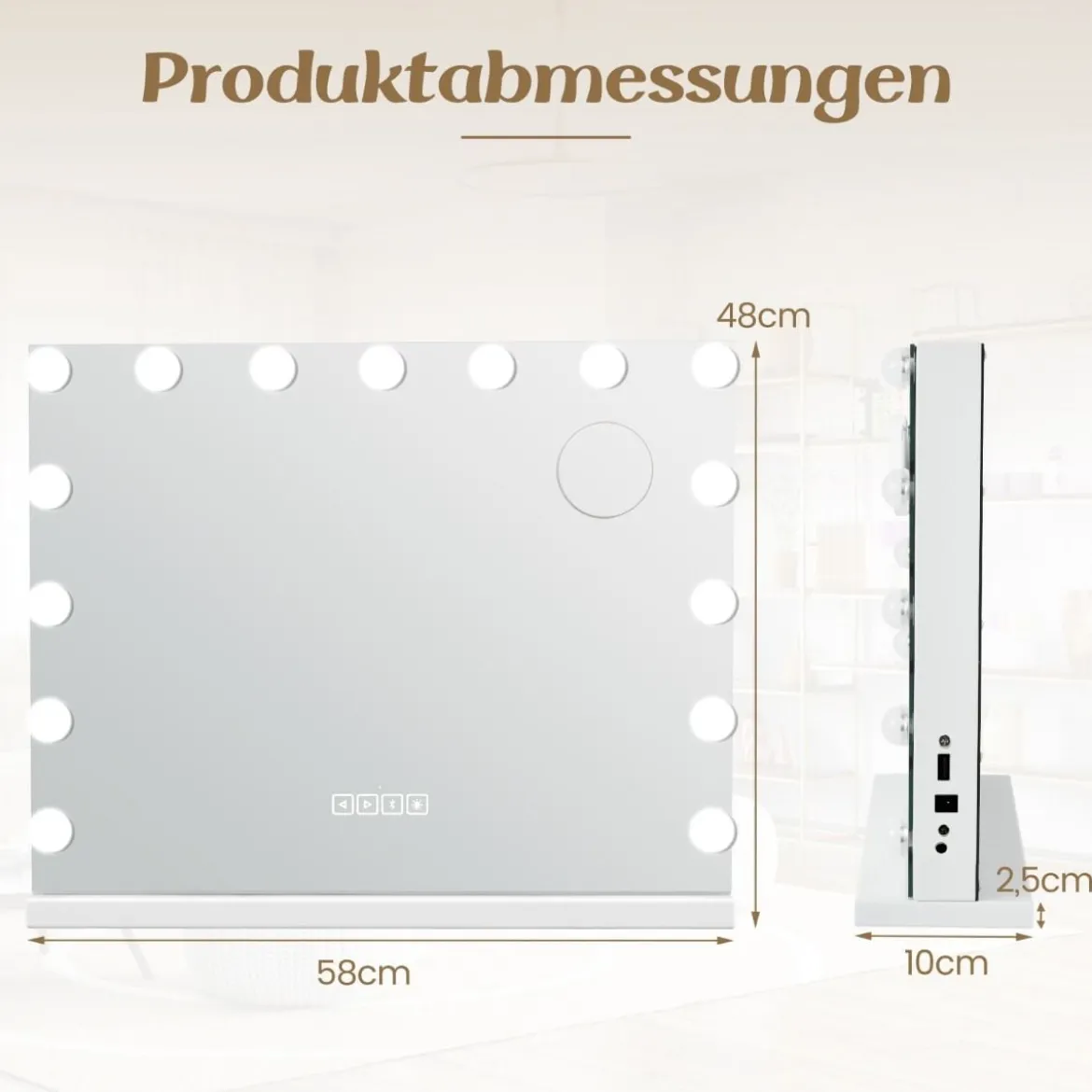 Hollywood Spiegel mit Beleuchtung USB-Ladeanschluss & Bluetooth-Lautsprecher Kosmetikspiegel für Schlafzimmer 58 x 46 cm Weiß
