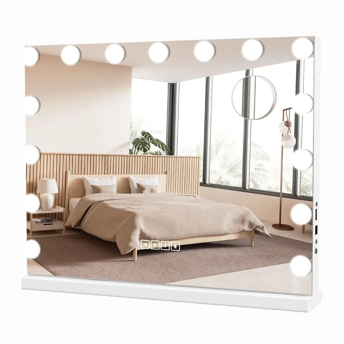 Hollywood Spiegel mit Beleuchtung USB-Ladeanschluss & Bluetooth-Lautsprecher Kosmetikspiegel für Schlafzimmer 58 x 46 cm Weiß