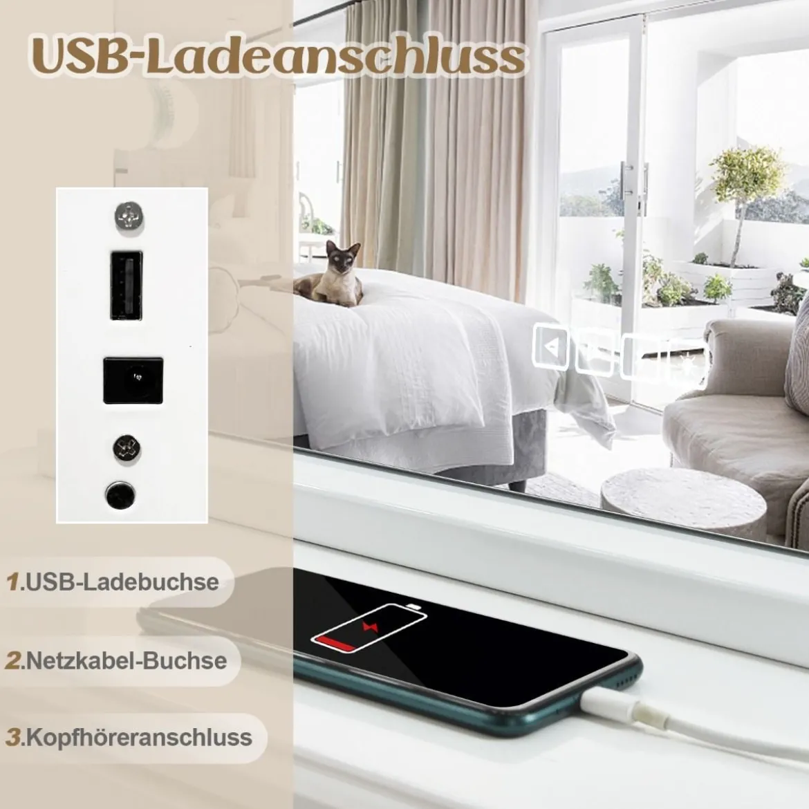 Hollywood Spiegel mit Beleuchtung USB-Ladeanschluss & Bluetooth-Lautsprecher Kosmetikspiegel für Schlafzimmer 58 x 46 cm Weiß
