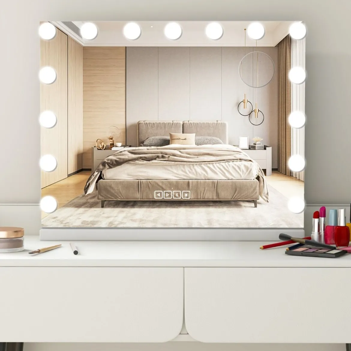 Hollywood Spiegel mit Beleuchtung USB-Ladeanschluss & Bluetooth-Lautsprecher Kosmetikspiegel für Schlafzimmer 58 x 46 cm Weiß