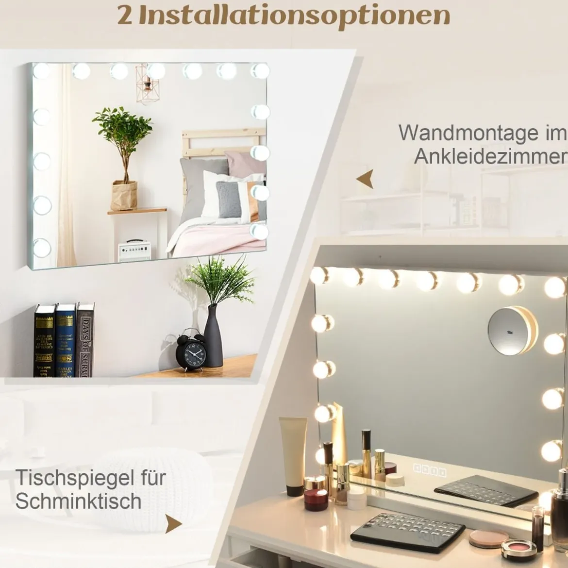 Hollywood Spiegel mit Beleuchtung USB-Ladeanschluss & Bluetooth-Lautsprecher Kosmetikspiegel für Schlafzimmer 58 x 46 cm Weiß