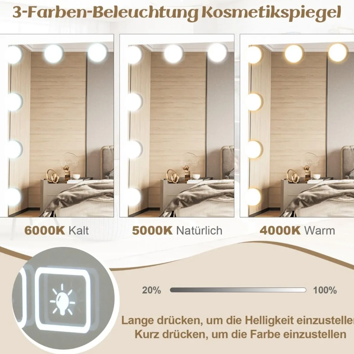 Hollywood Spiegel mit Beleuchtung USB-Ladeanschluss & Bluetooth-Lautsprecher Kosmetikspiegel für Schlafzimmer 58 x 46 cm Weiß