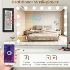 Hollywood Spiegel mit Beleuchtung USB-Ladeanschluss & Bluetooth-Lautsprecher Kosmetikspiegel für Schlafzimmer 58 x 46 cm Weiß