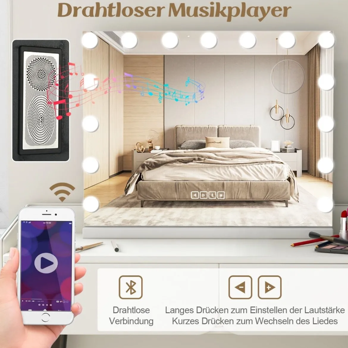 Hollywood Spiegel mit Beleuchtung USB-Ladeanschluss & Bluetooth-Lautsprecher Kosmetikspiegel für Schlafzimmer 58 x 46 cm Weiß