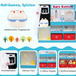 Holz Arztdienst-Spielset mit Untersuchungsbereich & EKG-Monitor & Röntgenfilm Medizinisches Zentrum Blau