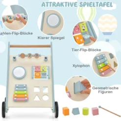 Holz Baby Lauflernhilfe mit Xylophon & umklappbaren Klötzen Griffbereite Schiebewagen-Spielzeug für Kinder ab 10 Monaten