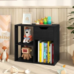 Holz Bücherregal mit Schublade & 3 Fächern Würfelregal Büroregal Raumteiler Standregal Schwarz