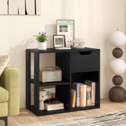 Holz Bücherregal mit Schublade & 3 Fächern Würfelregal Büroregal Raumteiler Standregal Schwarz