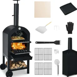 Holzbefeuerter Pizzaofen freistehender Gartengrill mit 2 Rädern robuster Pizzagrill für den Außenbereich