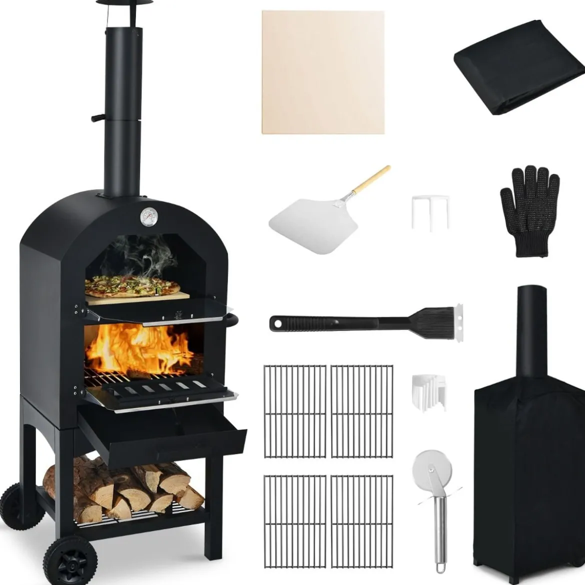 Holzbefeuerter Pizzaofen freistehender Gartengrill mit 2 Rädern robuster Pizzagrill für den Außenbereich