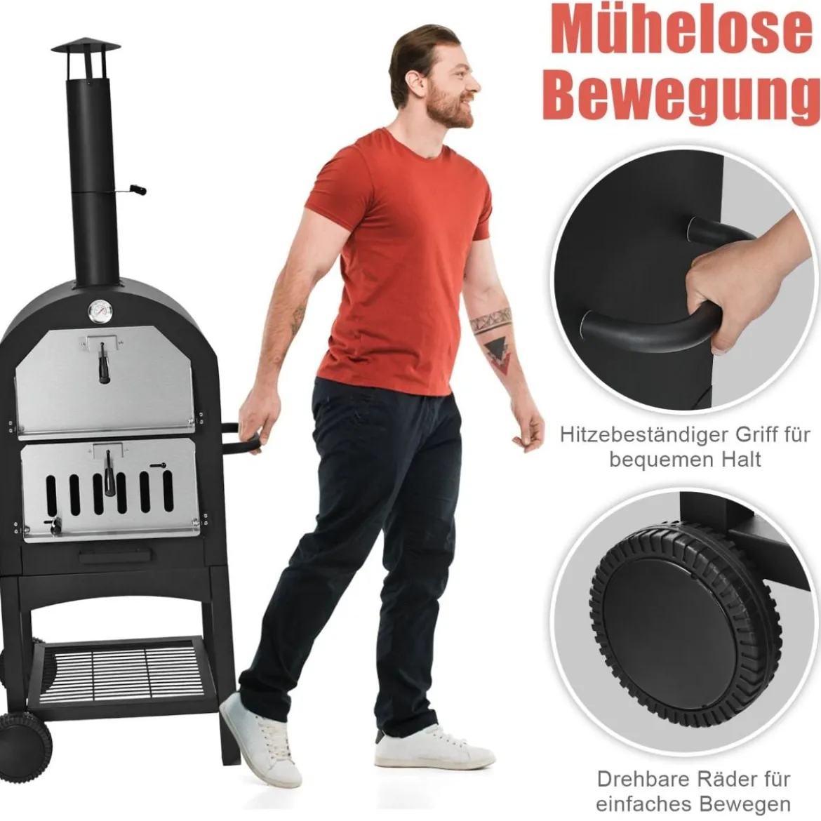 Holzbefeuerter Pizzaofen freistehender Gartengrill mit 2 Rädern robuster Pizzagrill für den Außenbereich