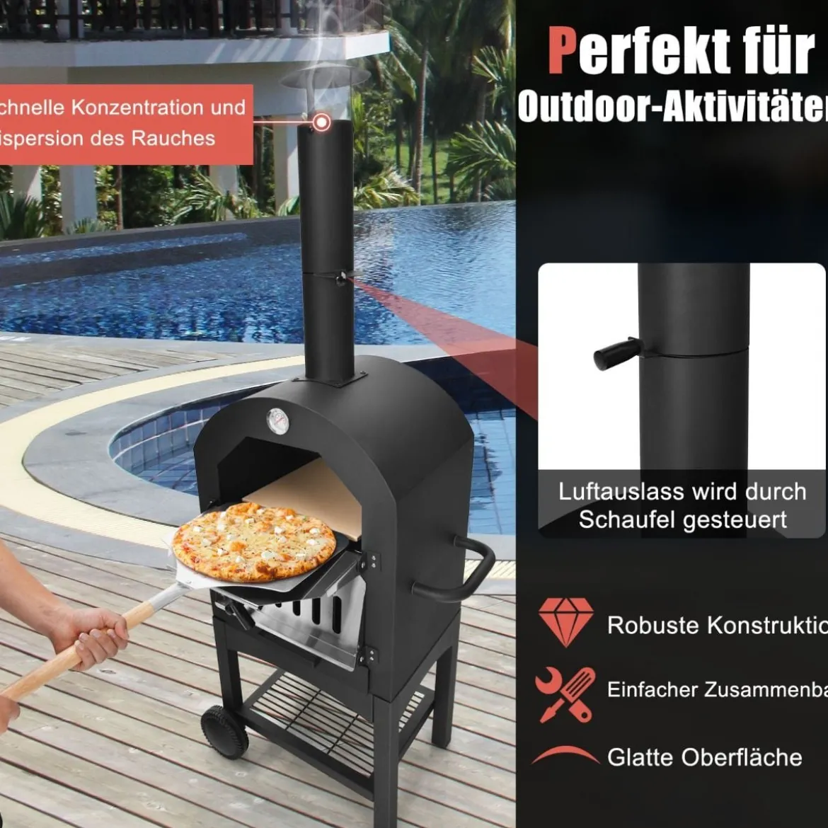 Holzbefeuerter Pizzaofen freistehender Gartengrill mit 2 Rädern robuster Pizzagrill für den Außenbereich