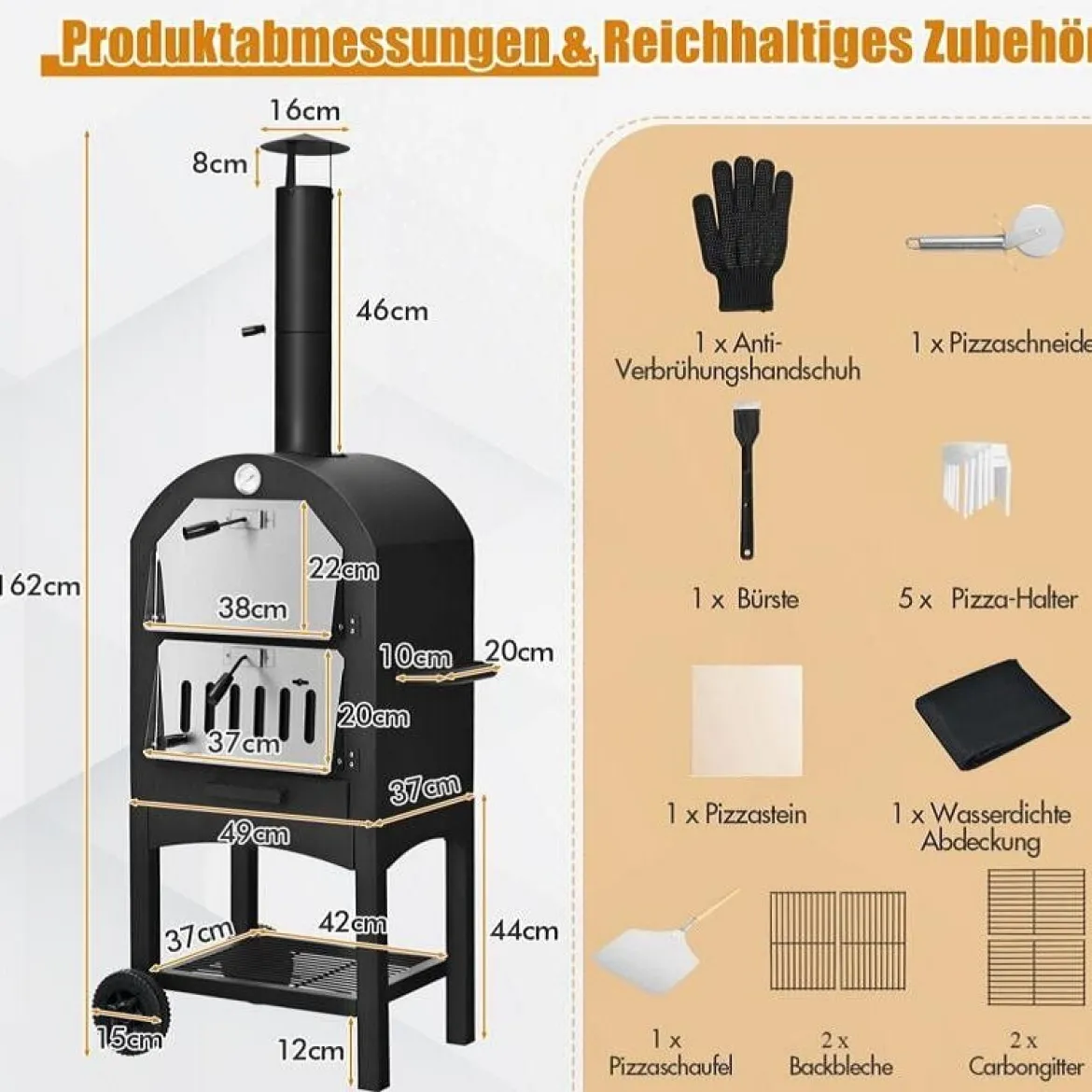 Holzbefeuerter Pizzaofen freistehender Gartengrill mit 2 Rädern robuster Pizzagrill für den Außenbereich