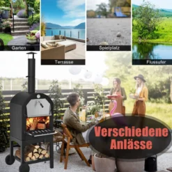 Holzbefeuerter Pizzaofen freistehender Gartengrill mit 2 Rädern robuster Pizzagrill für den Außenbereich