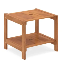 Holz Beistelltisch mit Schirmloch & Ablagefach Wetterfester Gartentisch Kleiner Balkontisch