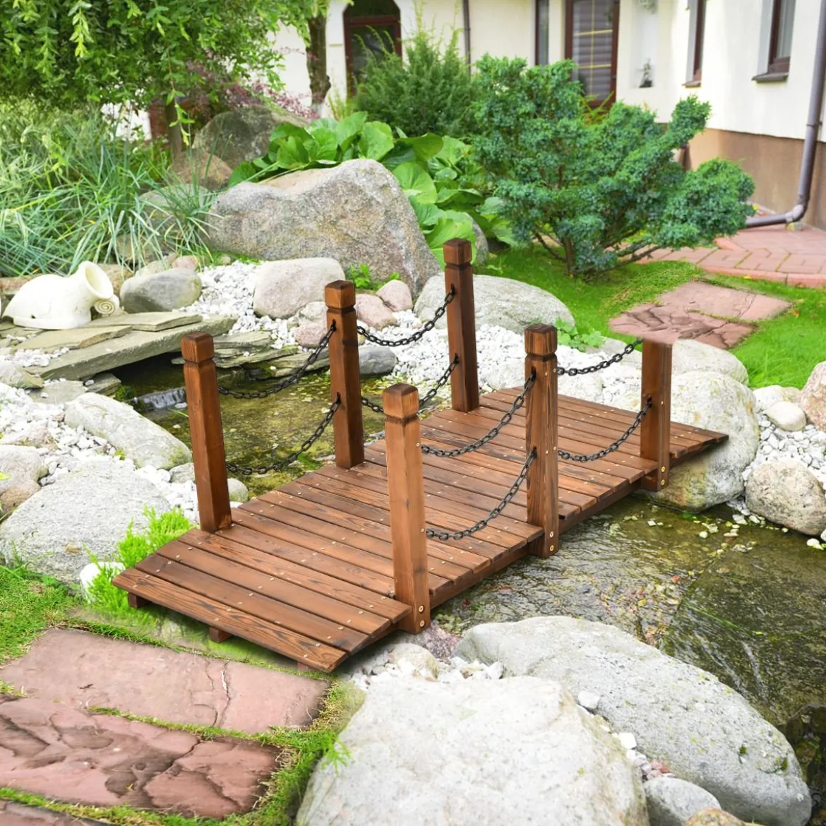 Holzbrücke mit Geländer Gartenbrücke Belastbar bis 120 kg Teichbrücke Zierbrücke Dekobrücke