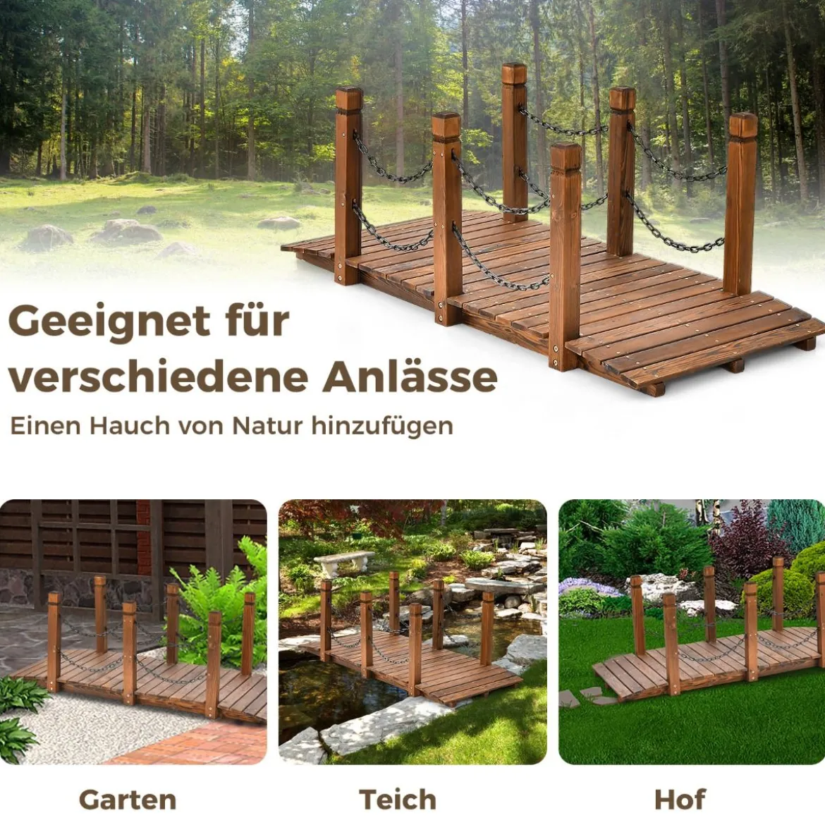 Holzbrücke mit Geländer Gartenbrücke Belastbar bis 120 kg Teichbrücke Zierbrücke Dekobrücke