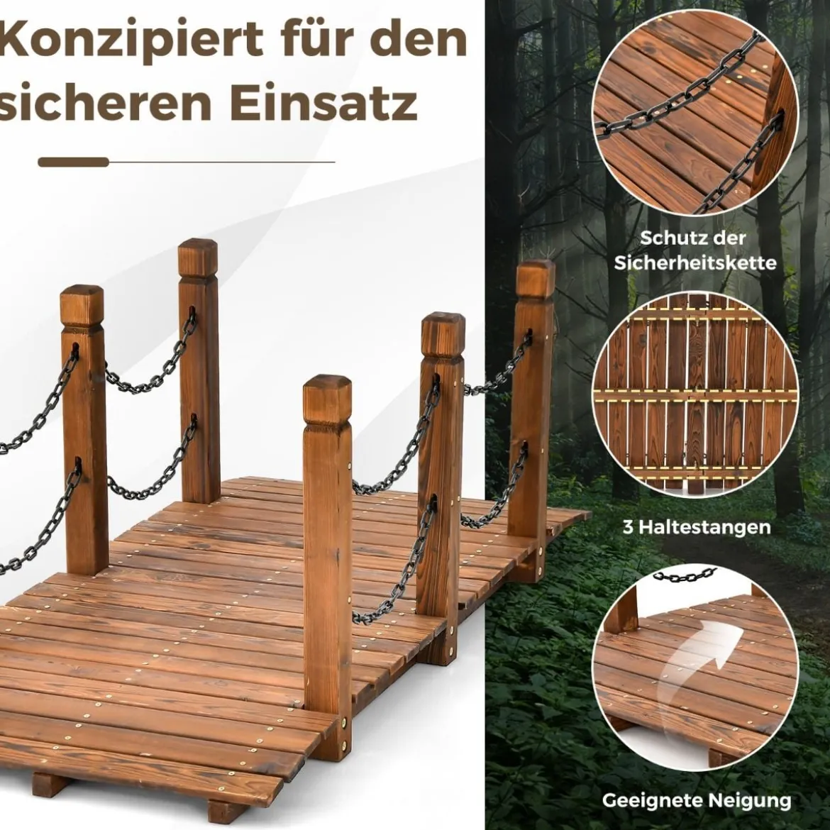 Holzbrücke mit Geländer Gartenbrücke Belastbar bis 120 kg Teichbrücke Zierbrücke Dekobrücke