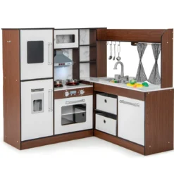 Holz Eck-Spielküche mit Lichtern & Geräuschen Spielküchen Kinder Holzküchenset Braun