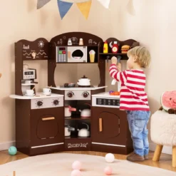 Holz Eck Spielküche mit Sound & Licht & Kaffeemaschine & Rutsche Kleinkind Küchen Spielset