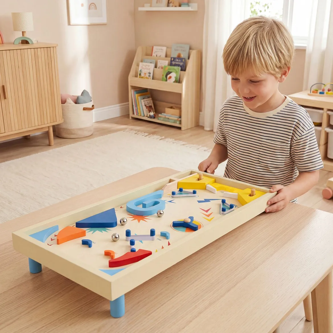 Holz Flipper Mit Rotierender Leiste 3 Kugeln Geschicklichkeitsspiel für Kinder ab 6 Jahren Bunt