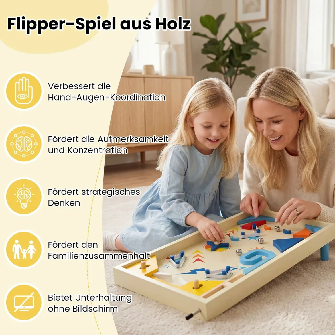 Holz Flipper Mit Rotierender Leiste 3 Kugeln Geschicklichkeitsspiel für Kinder ab 6 Jahren Bunt