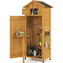 Holz Gartenschrank mit Abschließbarer Scheunentür & Klappbarer Seitentisch & Herausnehmbare Regale