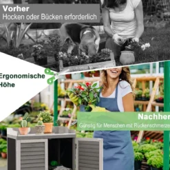 Holz Gartenschrank mit Metall-Platte & 2 Lagerregalen & aufrollbaren Türen Grau