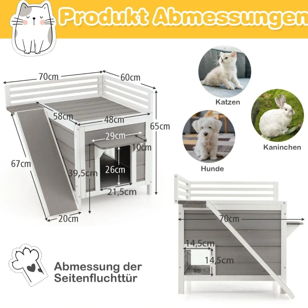 Holzhütte mit Dachbalkon Kletterrampe Fluchttüren & PVC-Vorhängen 2-stöckiger Unterstand aus Holz für Katzen wetterfest