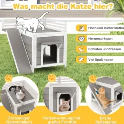 Holzhütte mit Dachbalkon Kletterrampe Fluchttüren & PVC-Vorhängen 2-stöckiger Unterstand aus Holz für Katzen wetterfest
