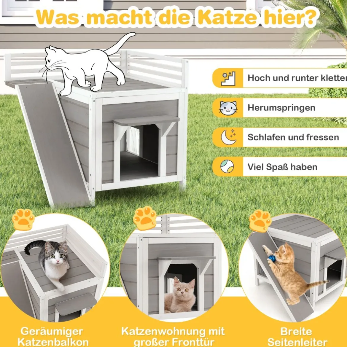 Holzhütte mit Dachbalkon Kletterrampe Fluchttüren & PVC-Vorhängen 2-stöckiger Unterstand aus Holz für Katzen wetterfest