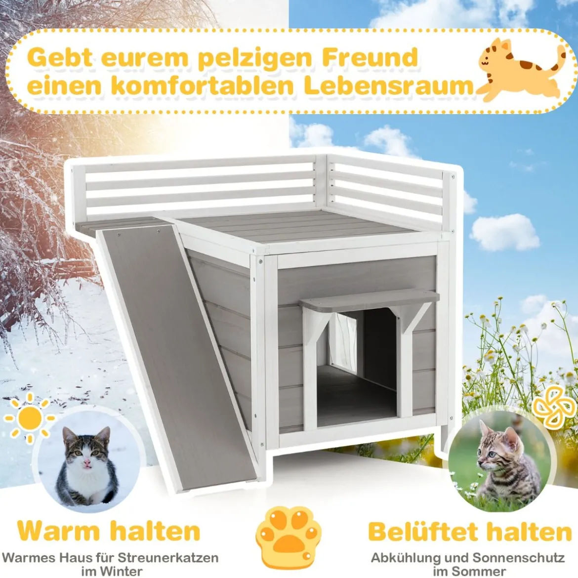 Holzhütte mit Dachbalkon Kletterrampe Fluchttüren & PVC-Vorhängen 2-stöckiger Unterstand aus Holz für Katzen wetterfest