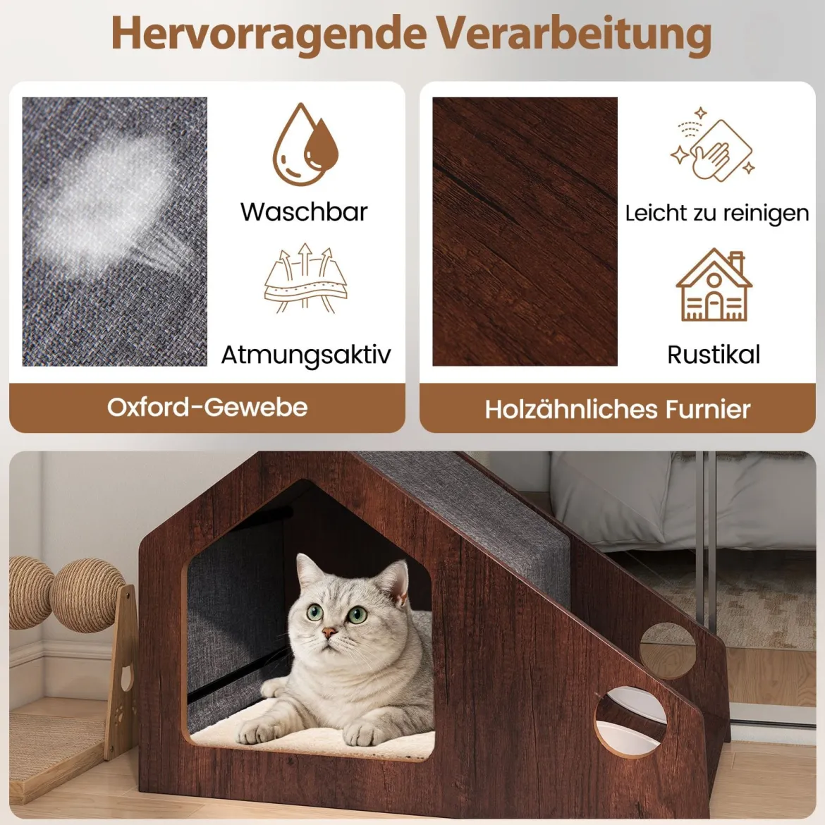Holz-Katzenhaus für Indoor-Katzen vielseitiger Katzen-Condof Möbel mit Futterstation abnehmbares Dach Braun