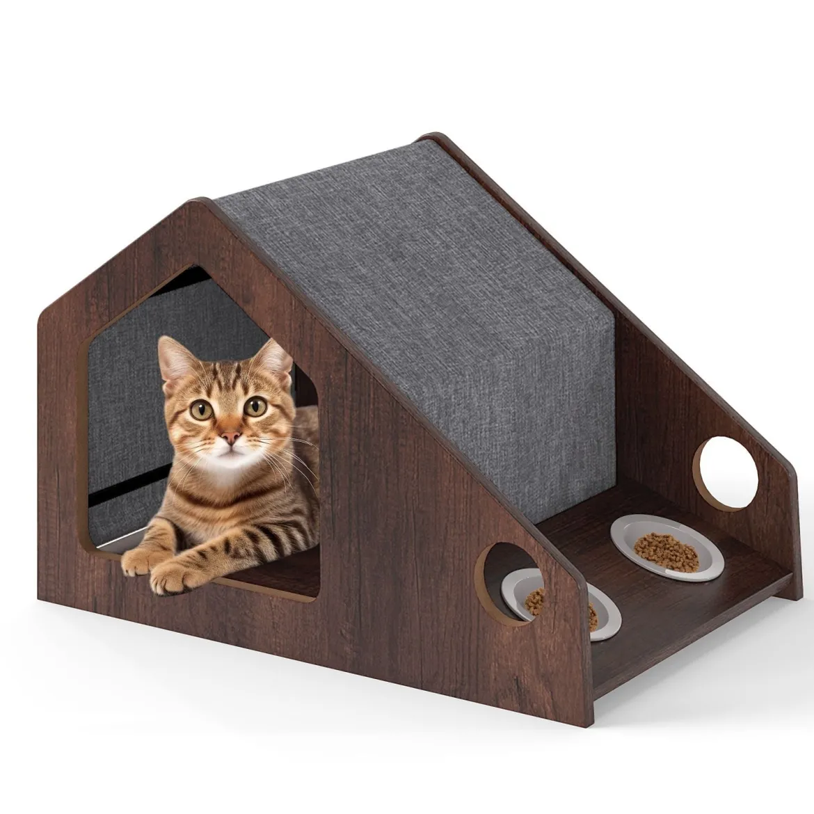 Holz-Katzenhaus für Indoor-Katzen vielseitiger Katzen-Condof Möbel mit Futterstation abnehmbares Dach Braun