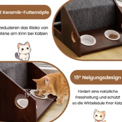 Holz-Katzenhaus für Indoor-Katzen vielseitiger Katzen-Condof Möbel mit Futterstation abnehmbares Dach Braun