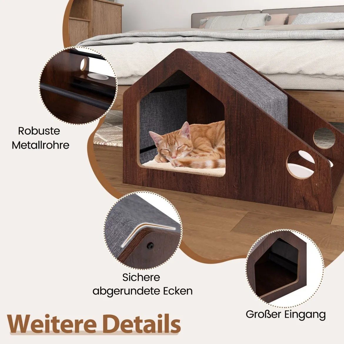 Holz-Katzenhaus für Indoor-Katzen vielseitiger Katzen-Condof Möbel mit Futterstation abnehmbares Dach Braun