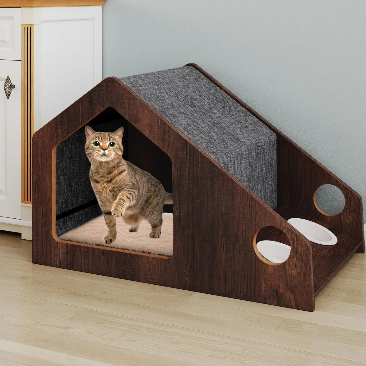 Holz-Katzenhaus für Indoor-Katzen vielseitiger Katzen-Condof Möbel mit Futterstation abnehmbares Dach Braun