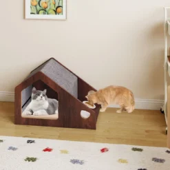 Holz-Katzenhaus für Indoor-Katzen vielseitiger Katzen-Condof Möbel mit Futterstation abnehmbares Dach Braun