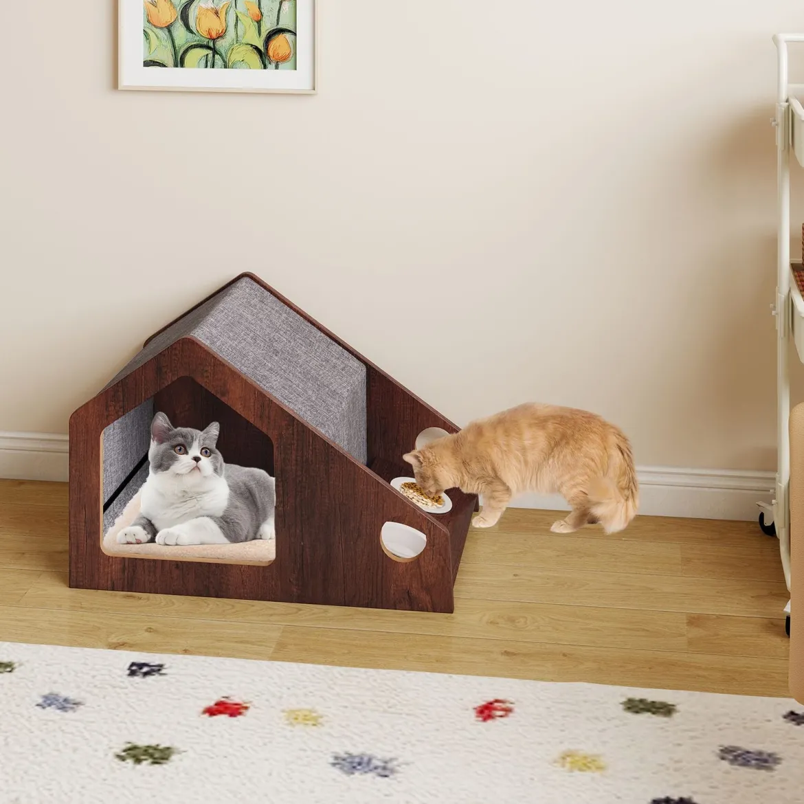Holz-Katzenhaus für Indoor-Katzen vielseitiger Katzen-Condof Möbel mit Futterstation abnehmbares Dach Braun