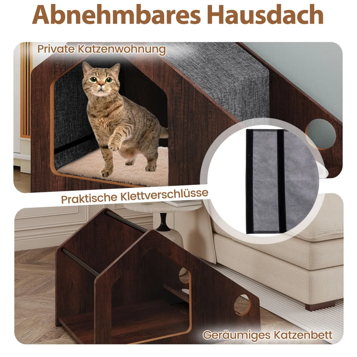 Holz-Katzenhaus für Indoor-Katzen vielseitiger Katzen-Condof Möbel mit Futterstation abnehmbares Dach Braun