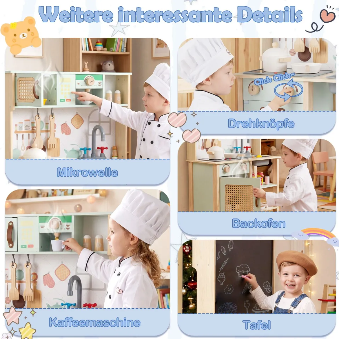 Holzküche für Kinder Spielküche aus Holz mit Licht & Sound Kinderküche mit Zubehör Grün