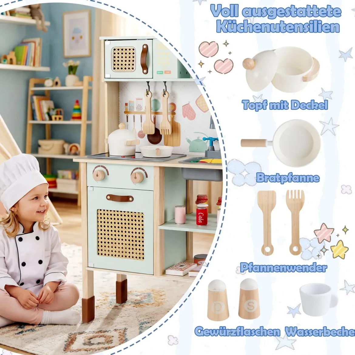 Holzküche für Kinder Spielküche aus Holz mit Licht & Sound Kinderküche mit Zubehör Grün