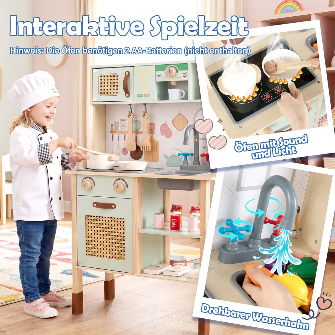 Holzküche für Kinder Spielküche aus Holz mit Licht & Sound Kinderküche mit Zubehör Grün
